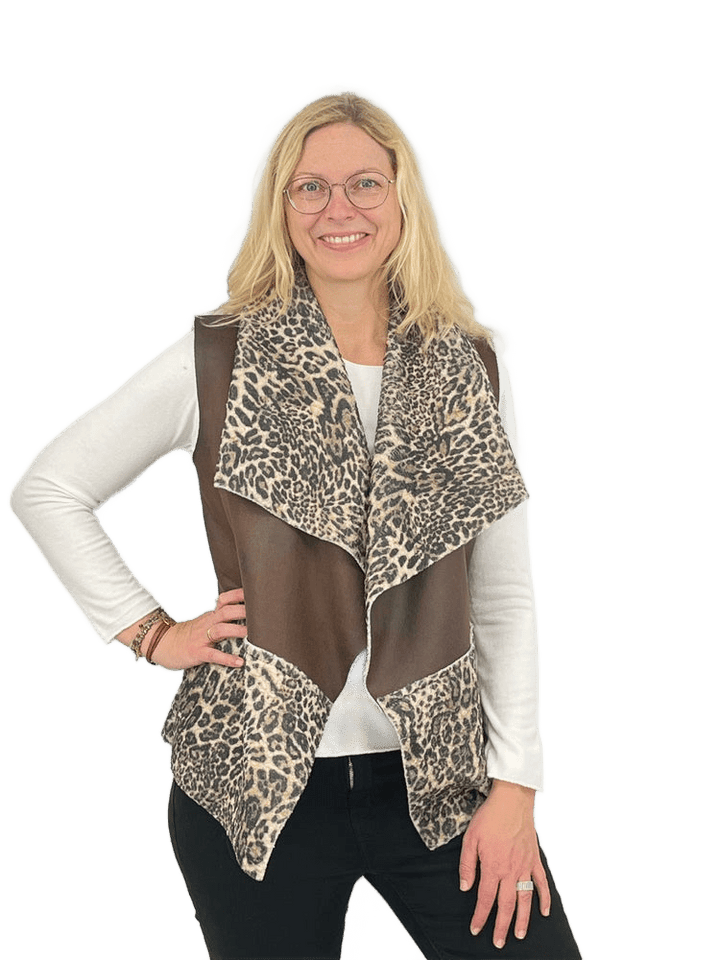 Weste mit Fellimitat und Leoprint, versch. Farben